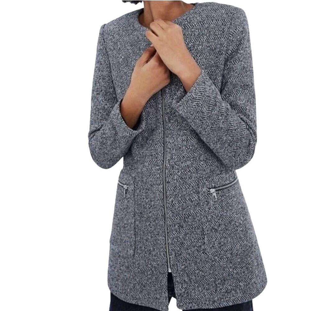 Zara‎ Classic Car Coat Herringbone Zip-Front Lined Black & White XS 100% Cotton